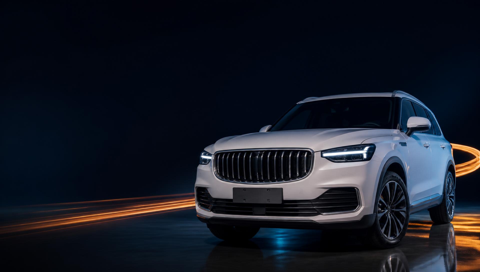 Premium white SUV in a navy studio with orange light trails